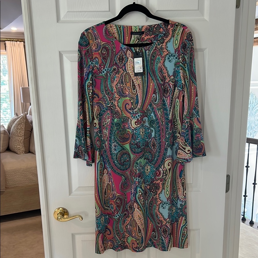 Tommy Hilfiger Green and Pink Sheath Dress 3/4 Sleeve Crew Neck